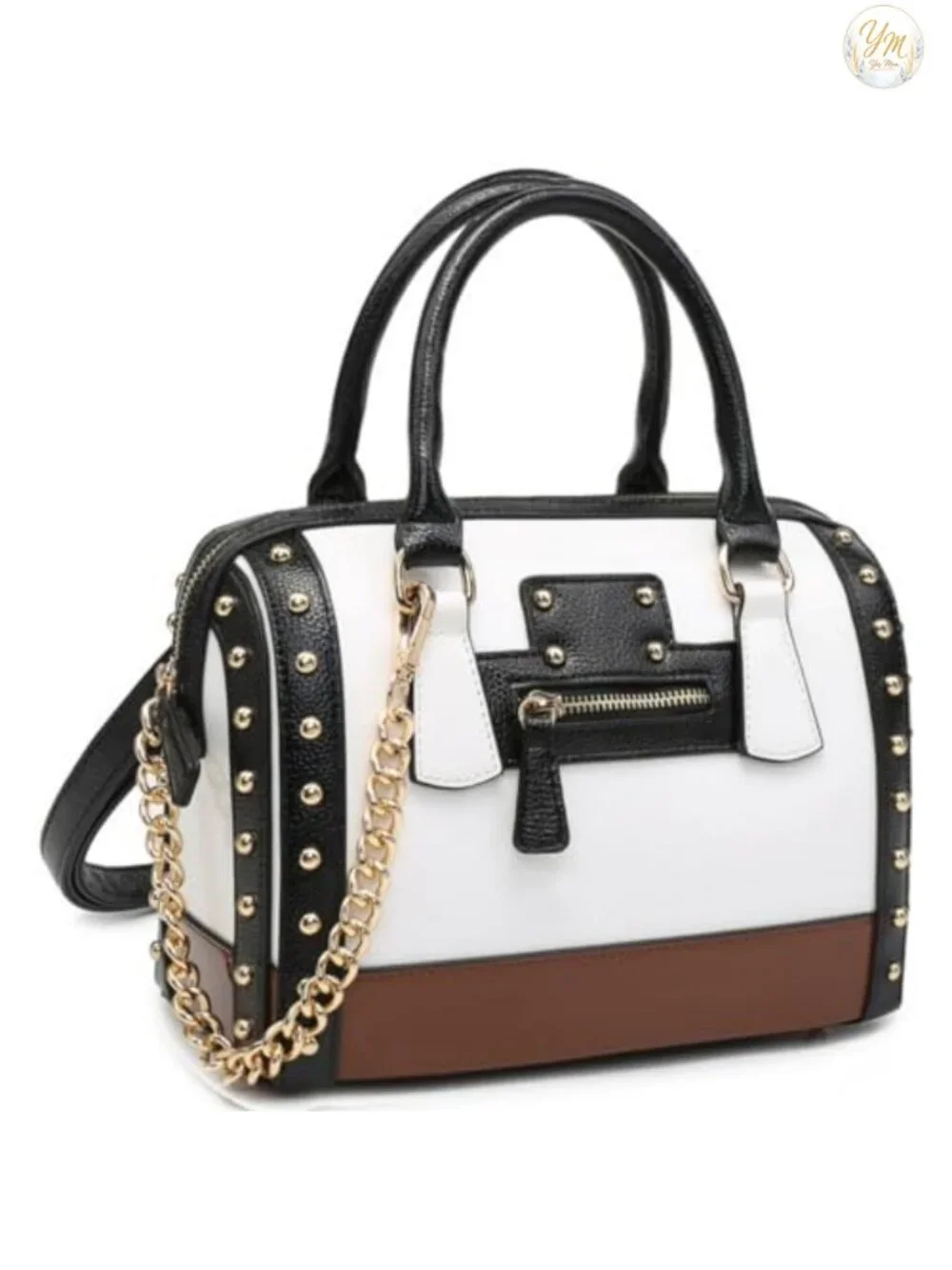 Synthetic Patent Leather Barrel Top Handle Satchel Handbag with Rivet Trim